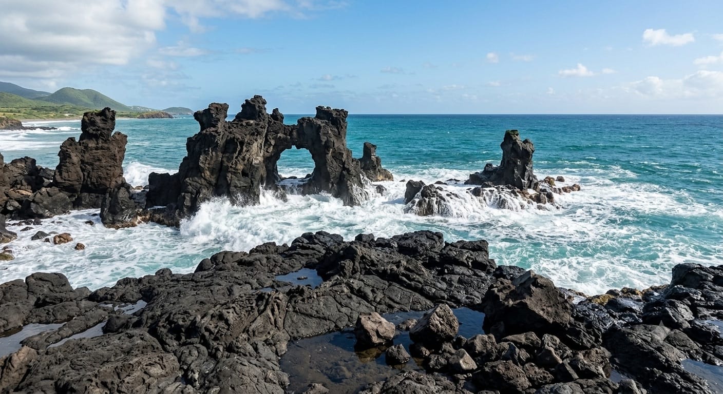Waves breaking over the volcanic Black Rocks formations