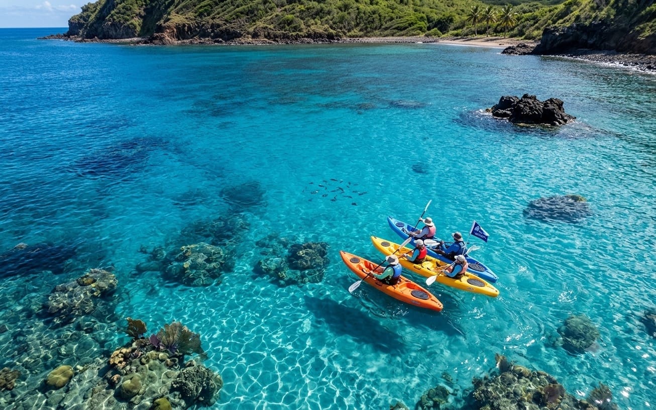 Snorkelers in clear turquoise water off a catamaran