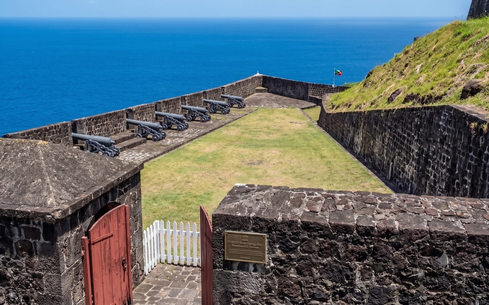 Stone ramparts of Brimstone Hill Fortress overlooking the coast