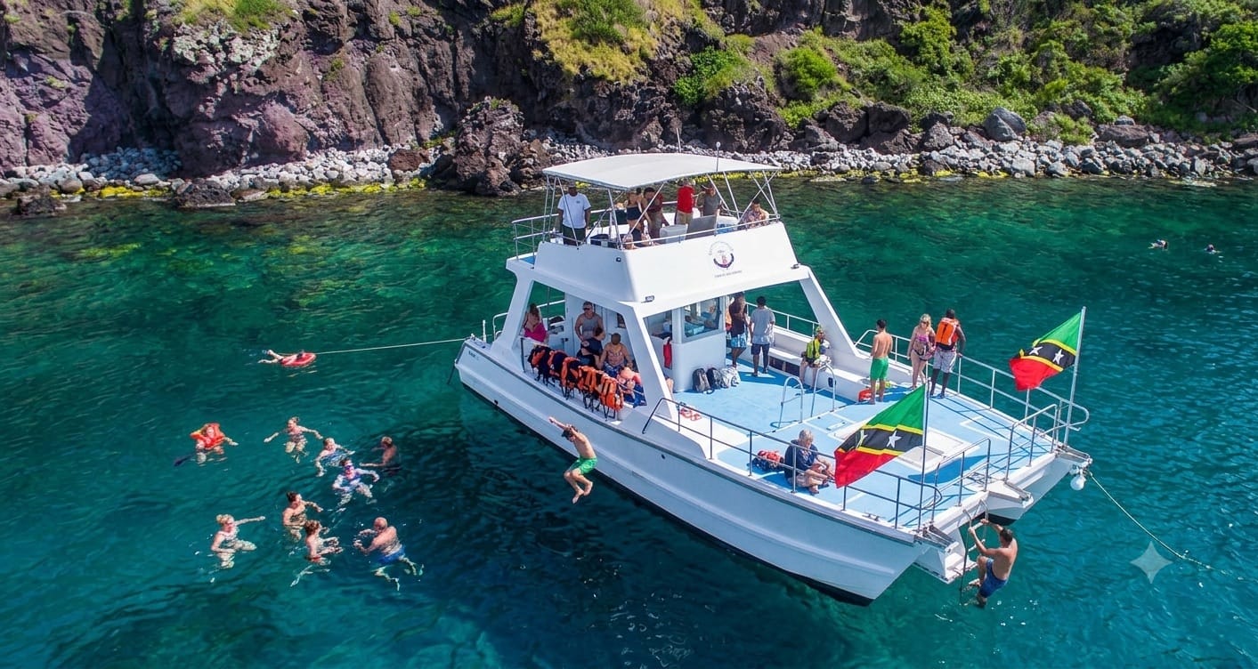 Charter boat anchored along the St. Kitts coastline