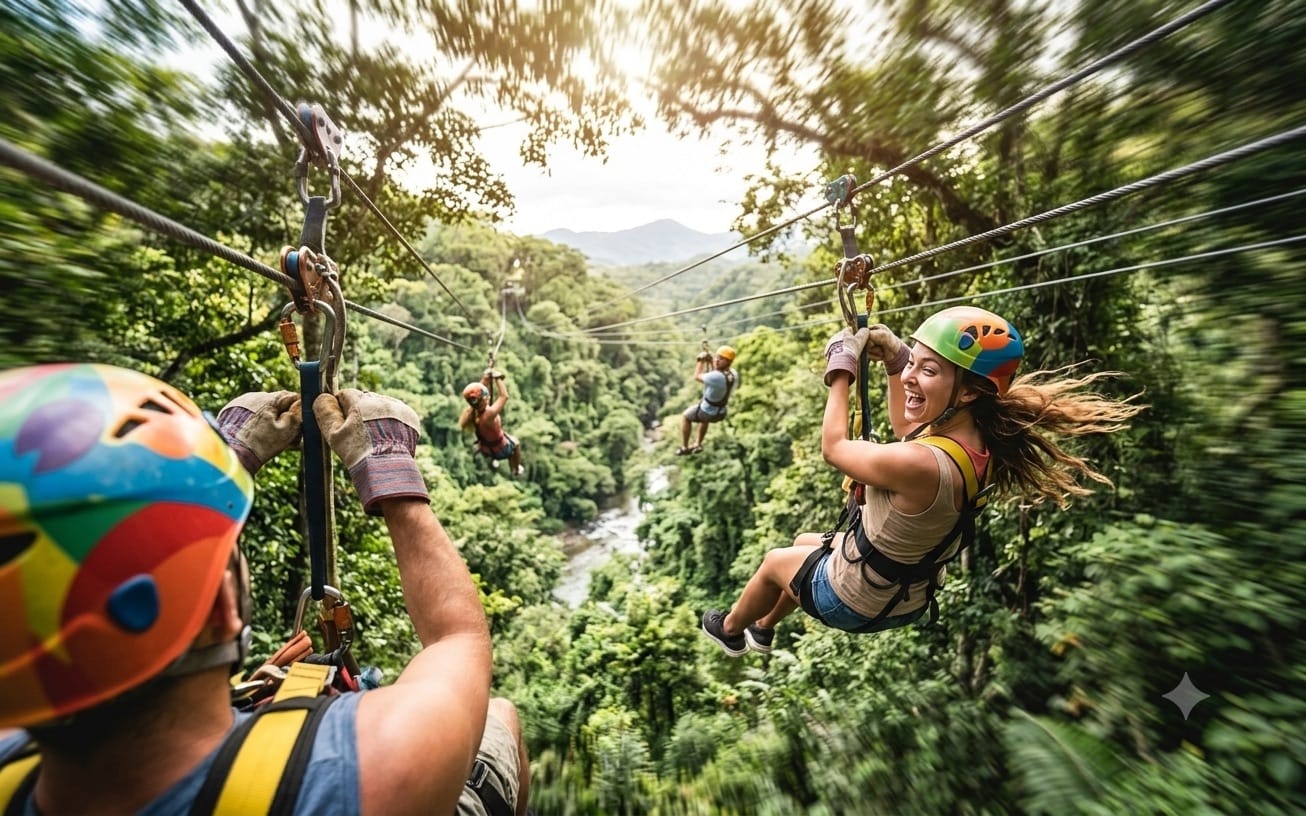 Guests riding a zipline through the rainforest canopy